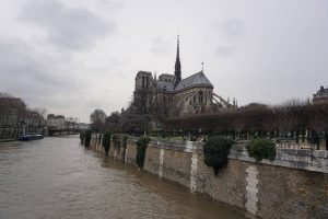 Picture of the flying buttresses of Notre Dame and the Seine in Paris, France.