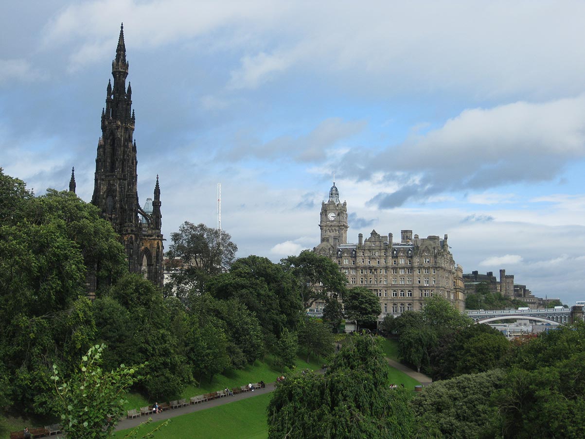 Princes Street Gardens, and the Scott Monument in Edinburgh, Scotland.