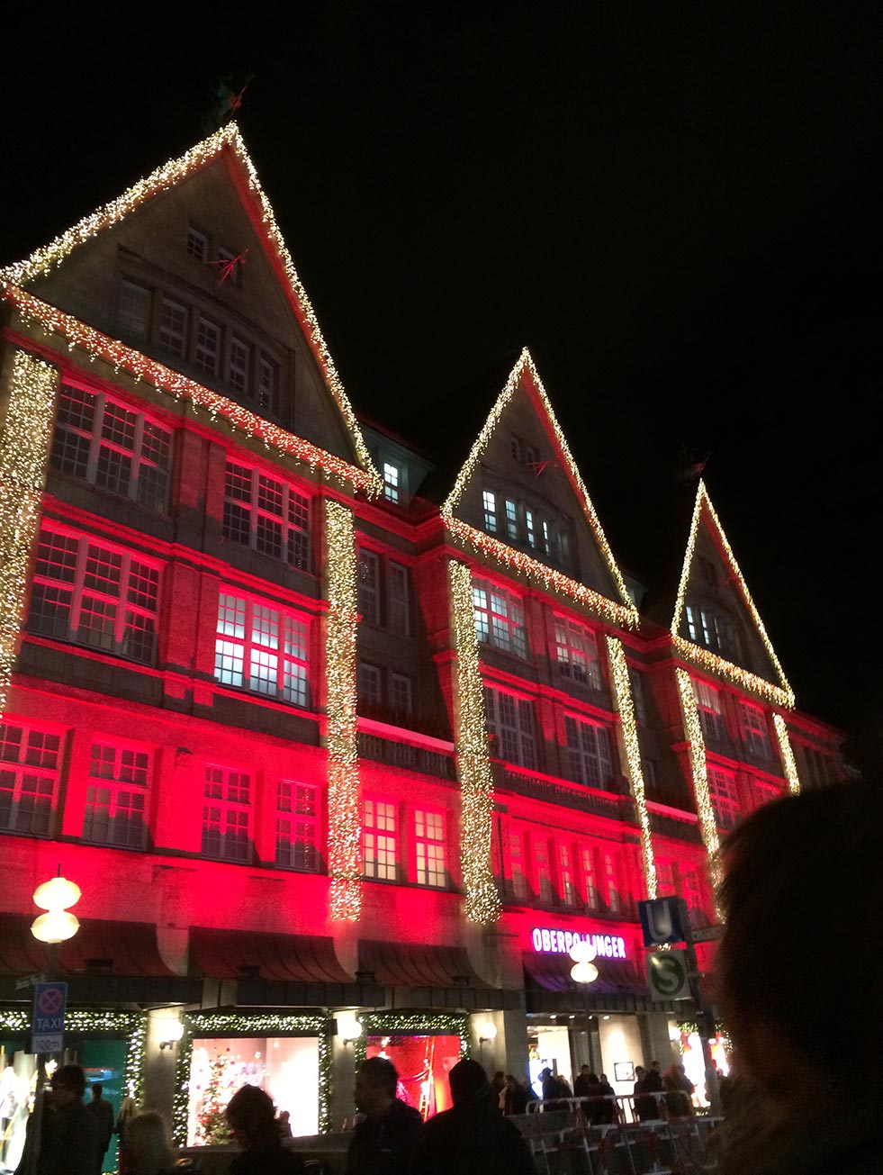 Lit up buildings in Munich, Germany during Christmas.