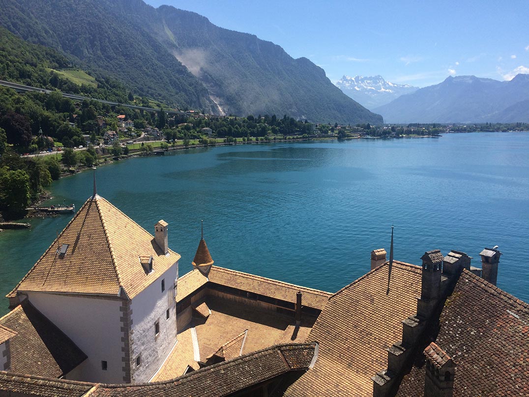 A view of mountains from the tower of Chillon Castle in Montreux, Switzerland. e tower