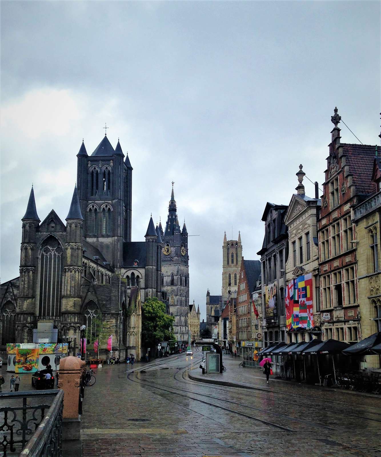 Famous view of the three medieval towers in Ghent, Belgium as taken from St. Michaels' Bridge. 