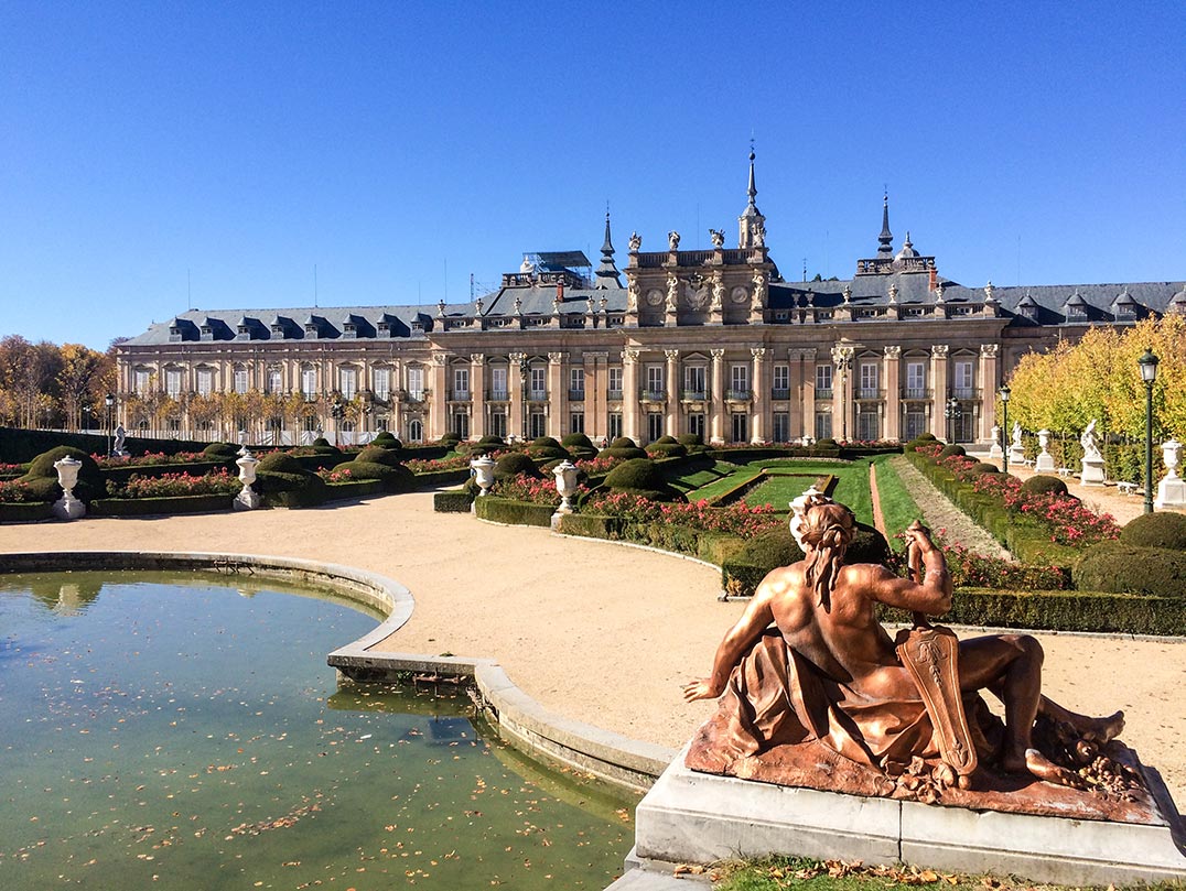 La Granja palace and a fountain outside of Segovia, Spain.