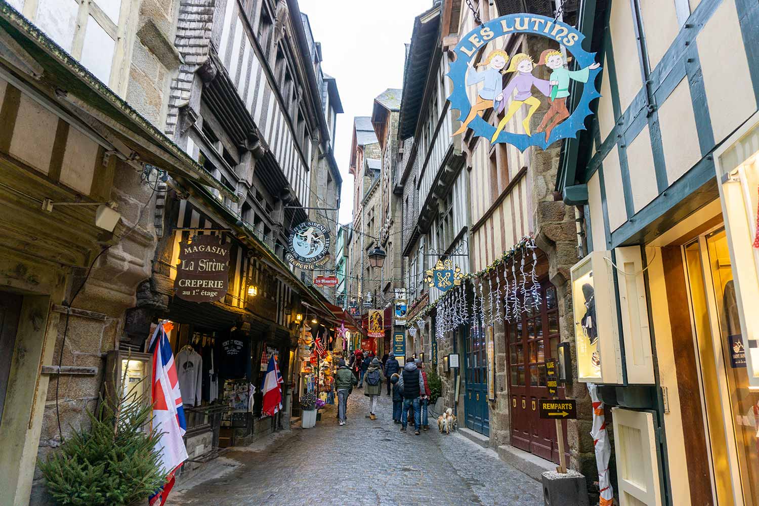 The quaint, small streets of Mont Saint Michel, France.