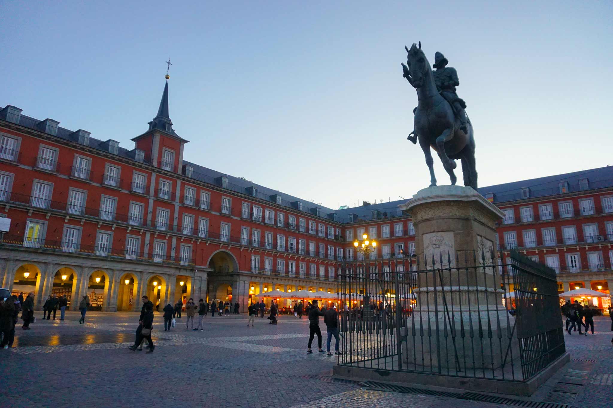 Picture of Plaza Mayor in Madrid, Spain with an equestrian statue.