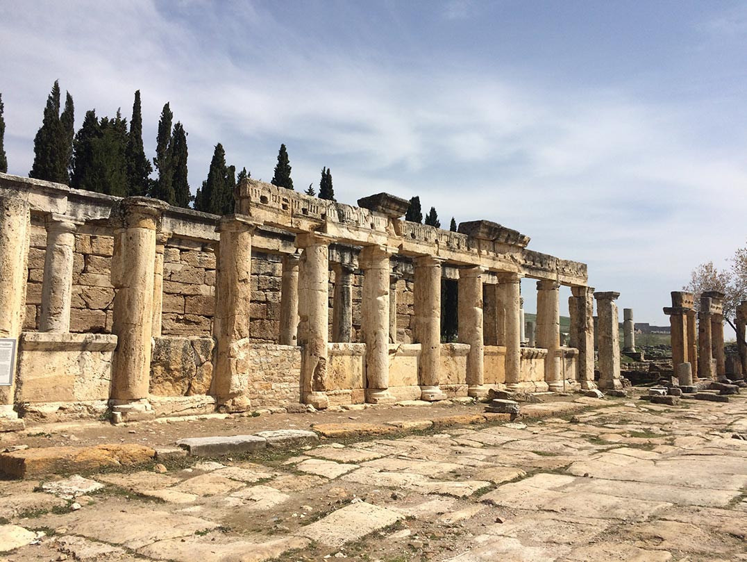 Ruins of columns in the ancient spa town of Hierapolis, Turkey.