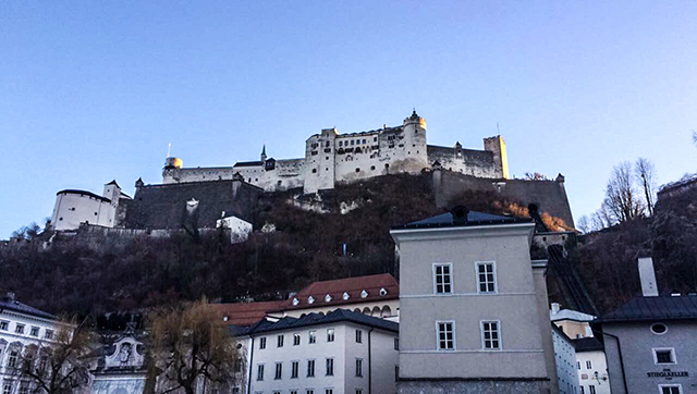 The white castle in Salzburg, Austria rising above the city of Salzburg, Austria.